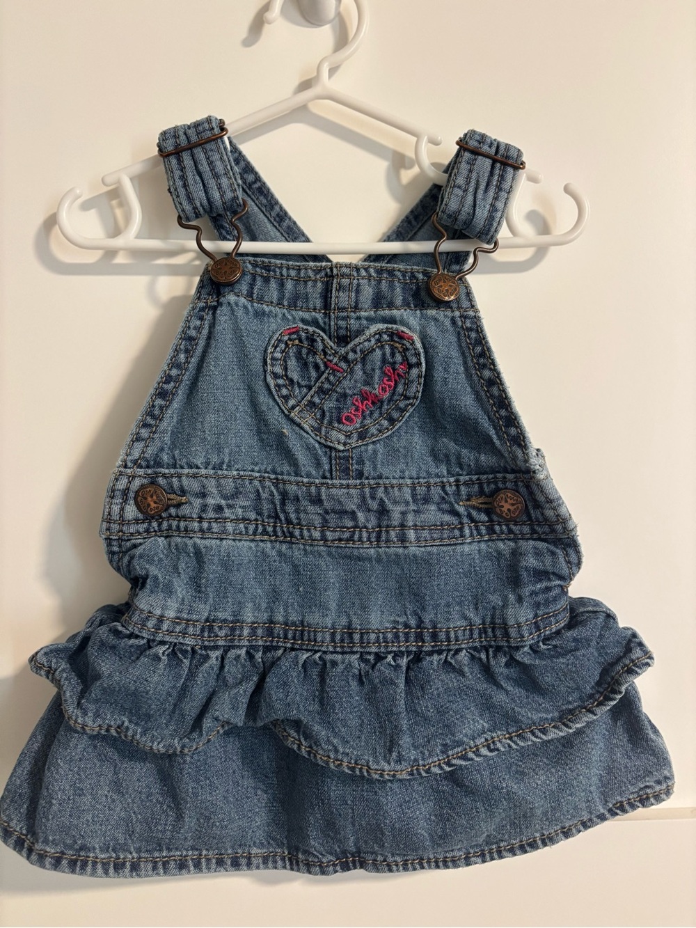 OshKosh B'gosh Blue Denim Ruffle Overall Dress with Heart Patch